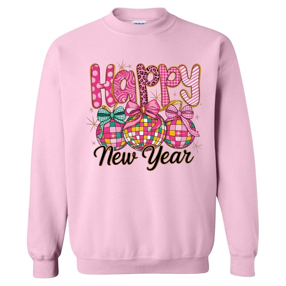 Happy New Year Pink Disco Sweatshirt White S M L XL New Checkers Polka dots - Picture 6 of 15